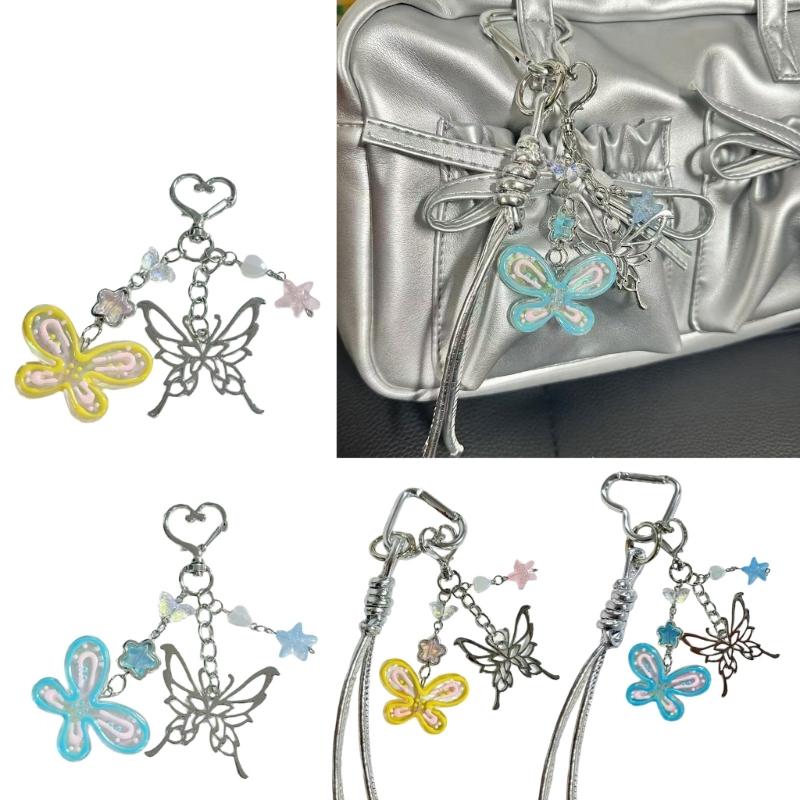 Hand Painted Butterfly Beaded Keychain For Bag Charm Spring Theme Double Tone Sparkling Jewelry Phone Accessory