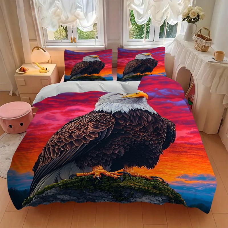 3pcs Bald Eagle, Sunset Bedding Set - 1 Duvet Cover + 2 Pillowcases(Core Not Included), Machine Washable Polyester yy251216133