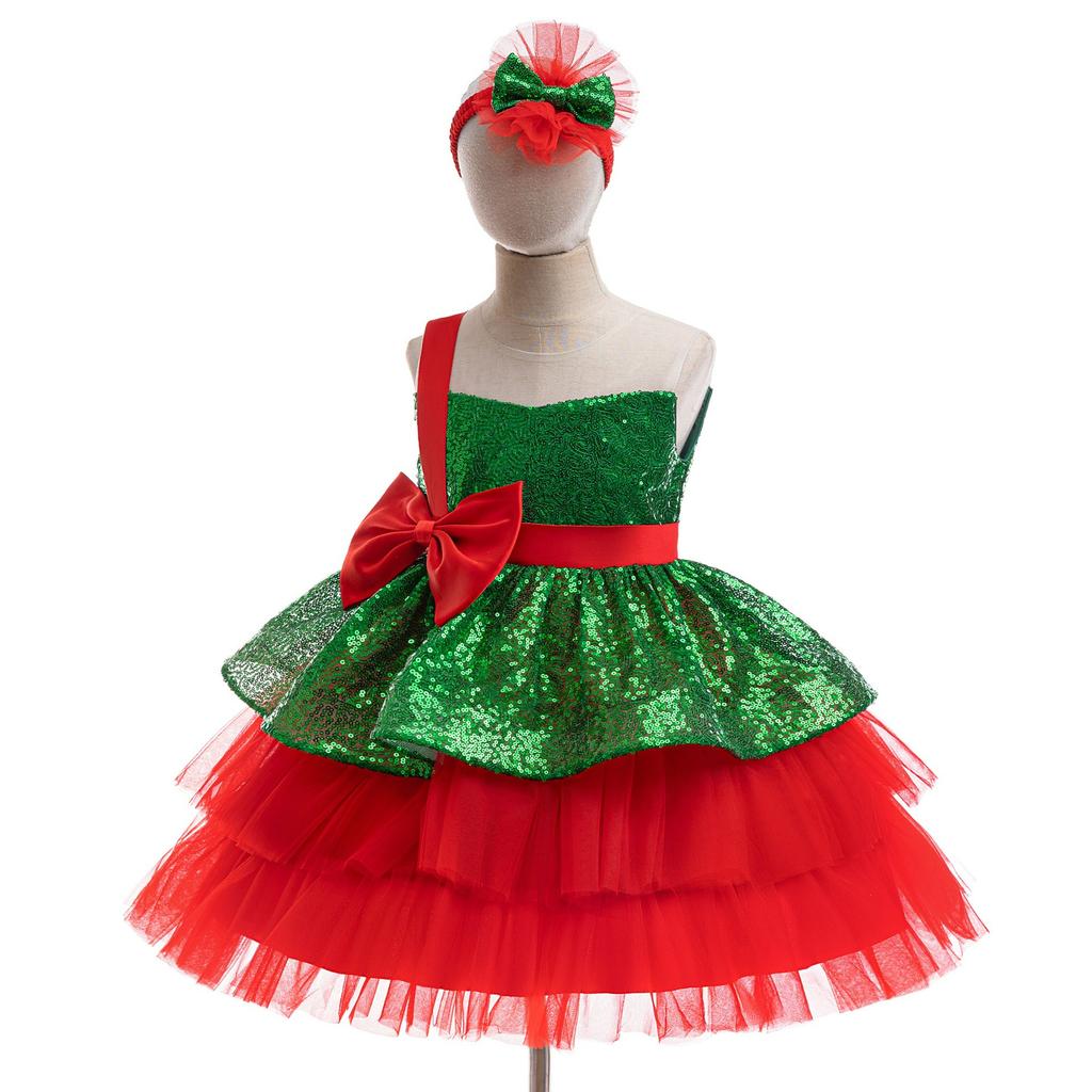 Christmas Dress Skirt Sequined Mesh Princess Dress Girls Bow Dress Party Costume Skirt