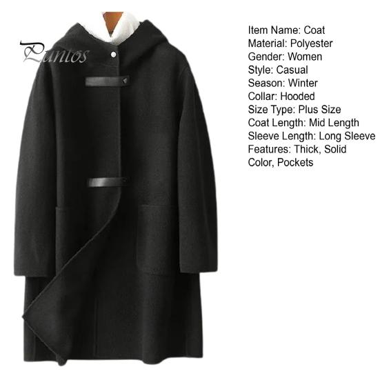 Lady Overcoat Women Winter Coat Long Sleeves Single-breasted Hooded Solid Color Pockets Keep Warm Cardigan Single Side Cashmere Wool Large Size Thick