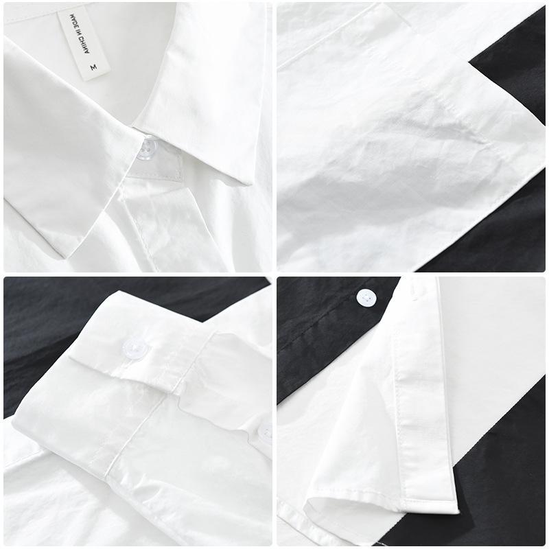 Korean Fashion Men Long Sleeve Shirt Youth Streetwear Patchwork Shirt with Pocket Spring Fall Lapel Collar Pure Cotton Casual Tops Male