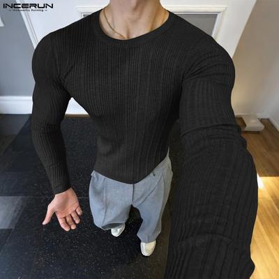 Men Round Neck Long Sleeve Solid Casual Rib Fitted T-shirts Tops