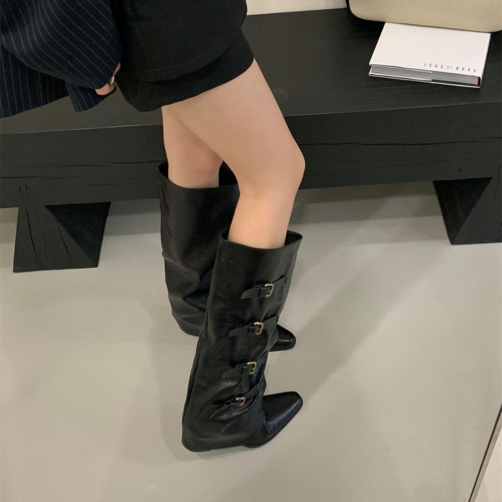 Heel Pants Boots Belt Buckle Boots 2025 Fall/Winter Pointed Western Cowboy Boots Vintage Spice Girl Knight Boots