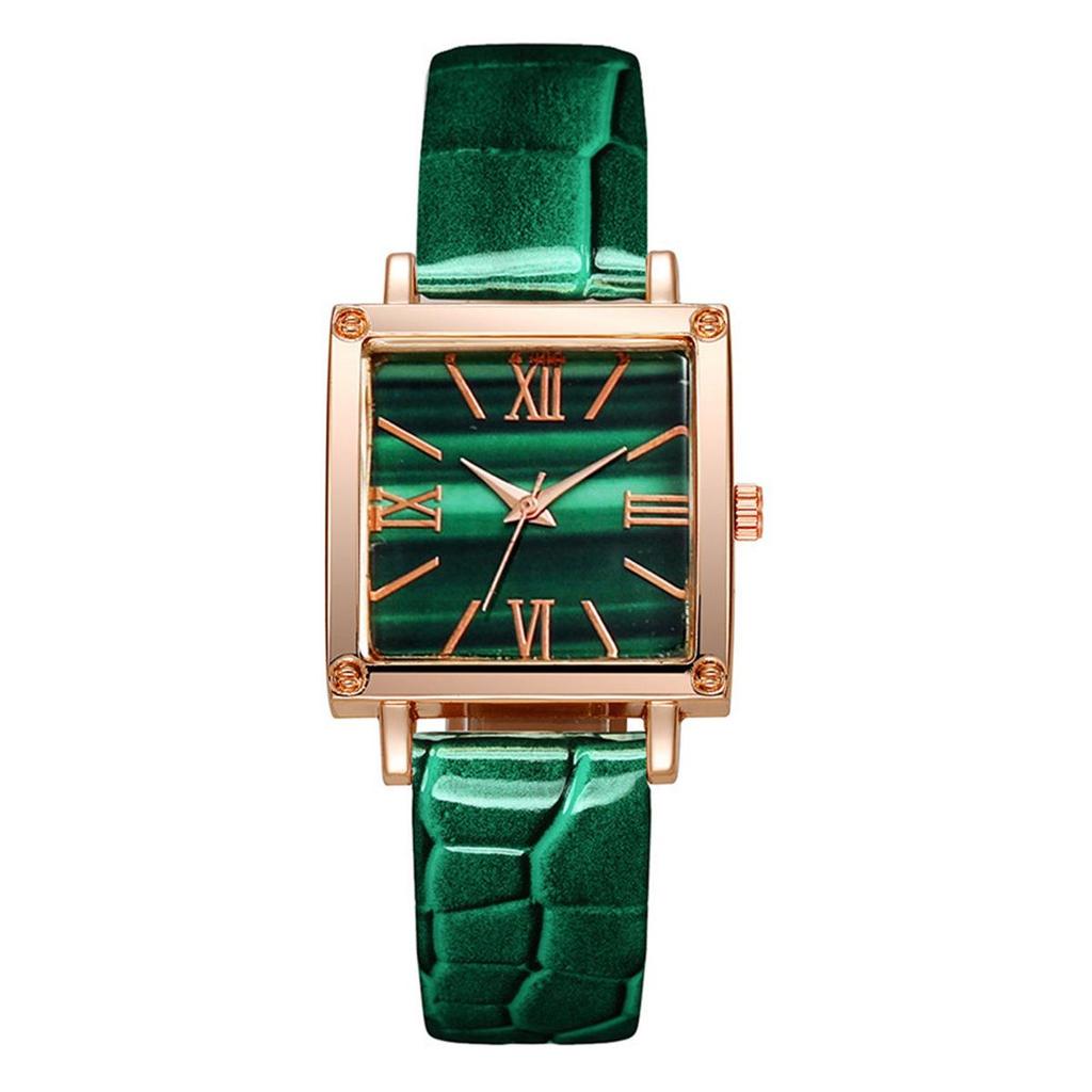 Kwadratowy Zegarek Rzymski i Bransoletka z Kamieniami Szlachetnymi: Zegarek na skórzanym pasku + Bransoletka z kamieni szlachetnych.