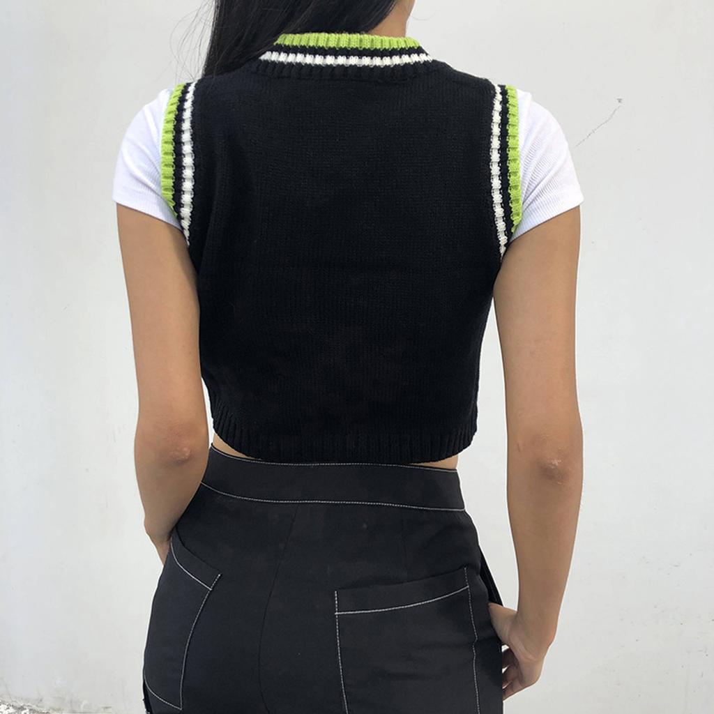 Womens Casual Plaid Knitted Tank Top  Knitwear Preppy Style V-Neck Vest Sweater