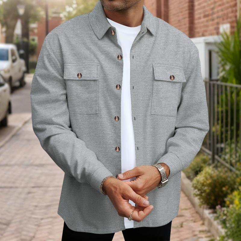 Autumn New Men's Solid Color Waffle Double Pocket Cardigan Long Sleeve Casual Top
