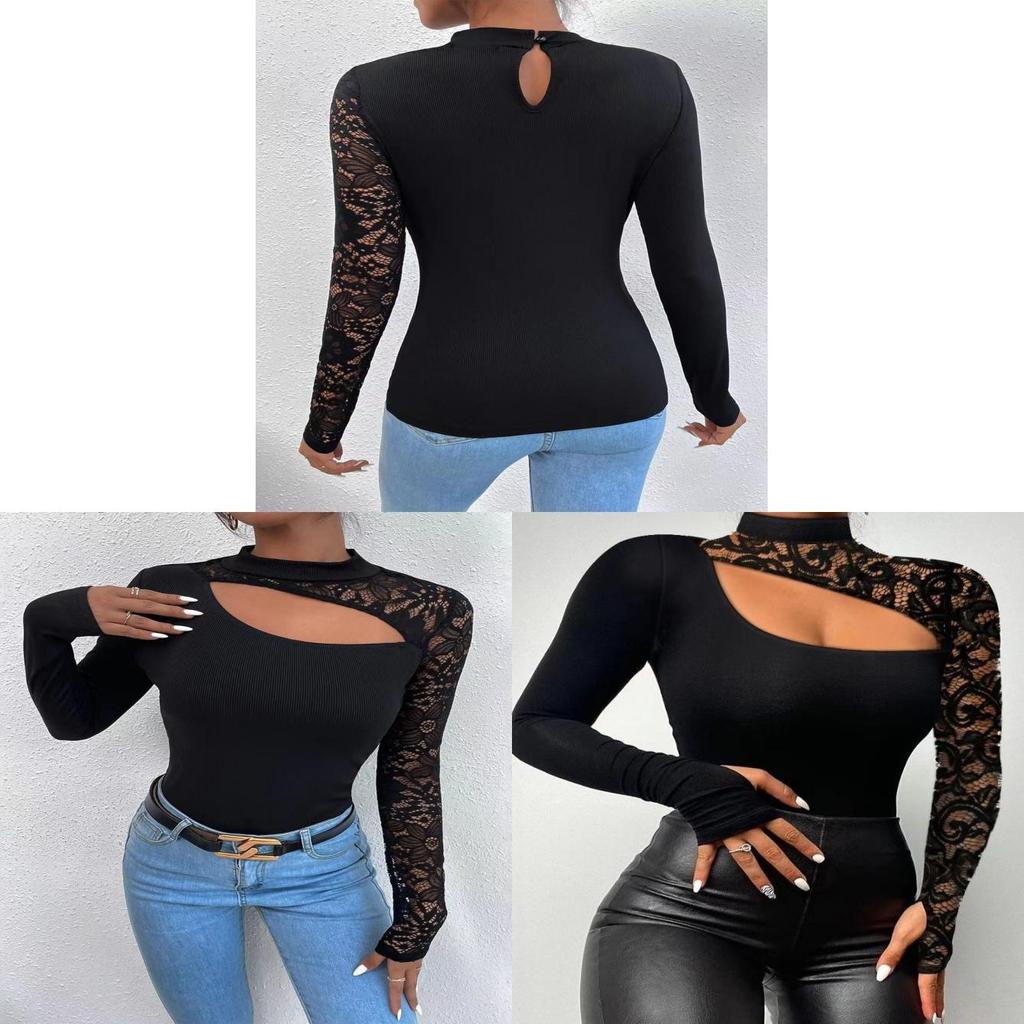 Streetwear Lace Spliced Long Sleeve T Shirt For Women With High Neck And Soft Acrylic Fabric