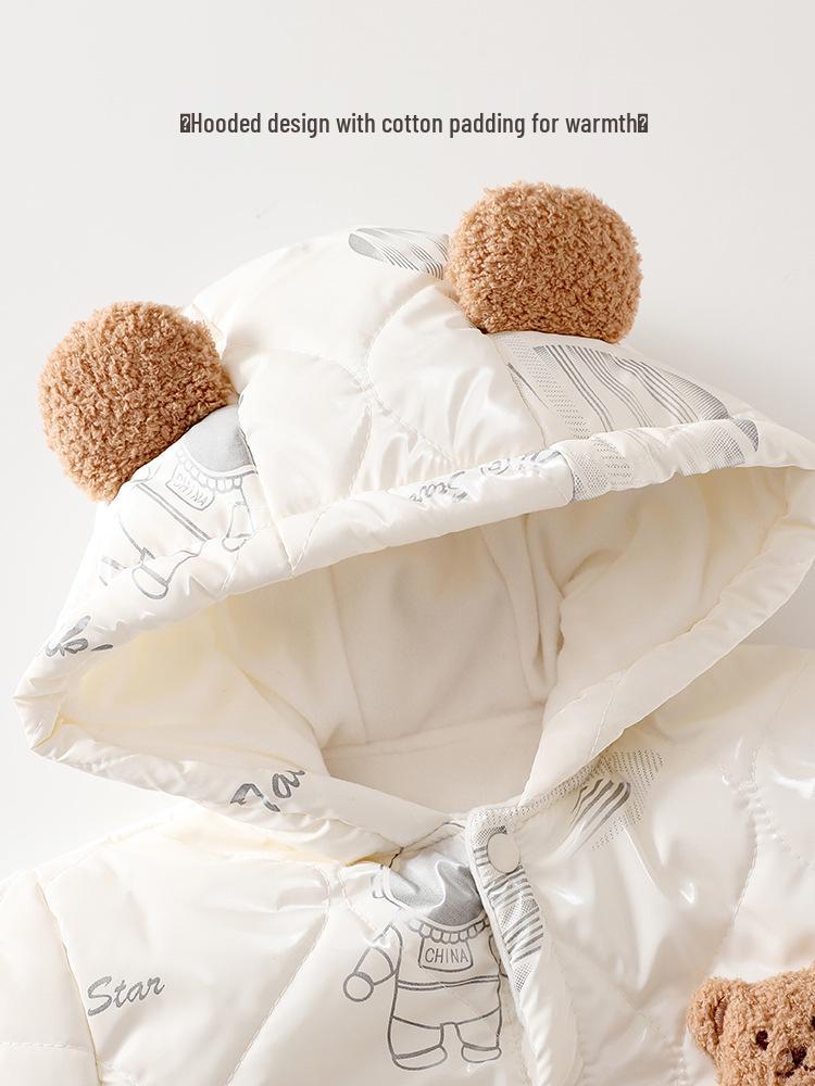 Baby Fleece Lined Hooded Quilted Romper - Autumn/Winter Cotton Jumpsuit for Infants & Toddlers