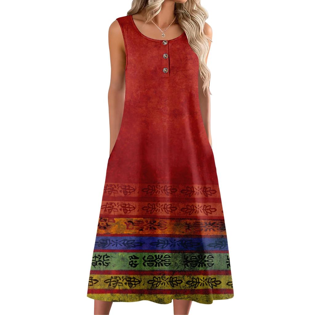 Women's Fashion Casual Sleeveless Button Floral Print Dress with Pocket