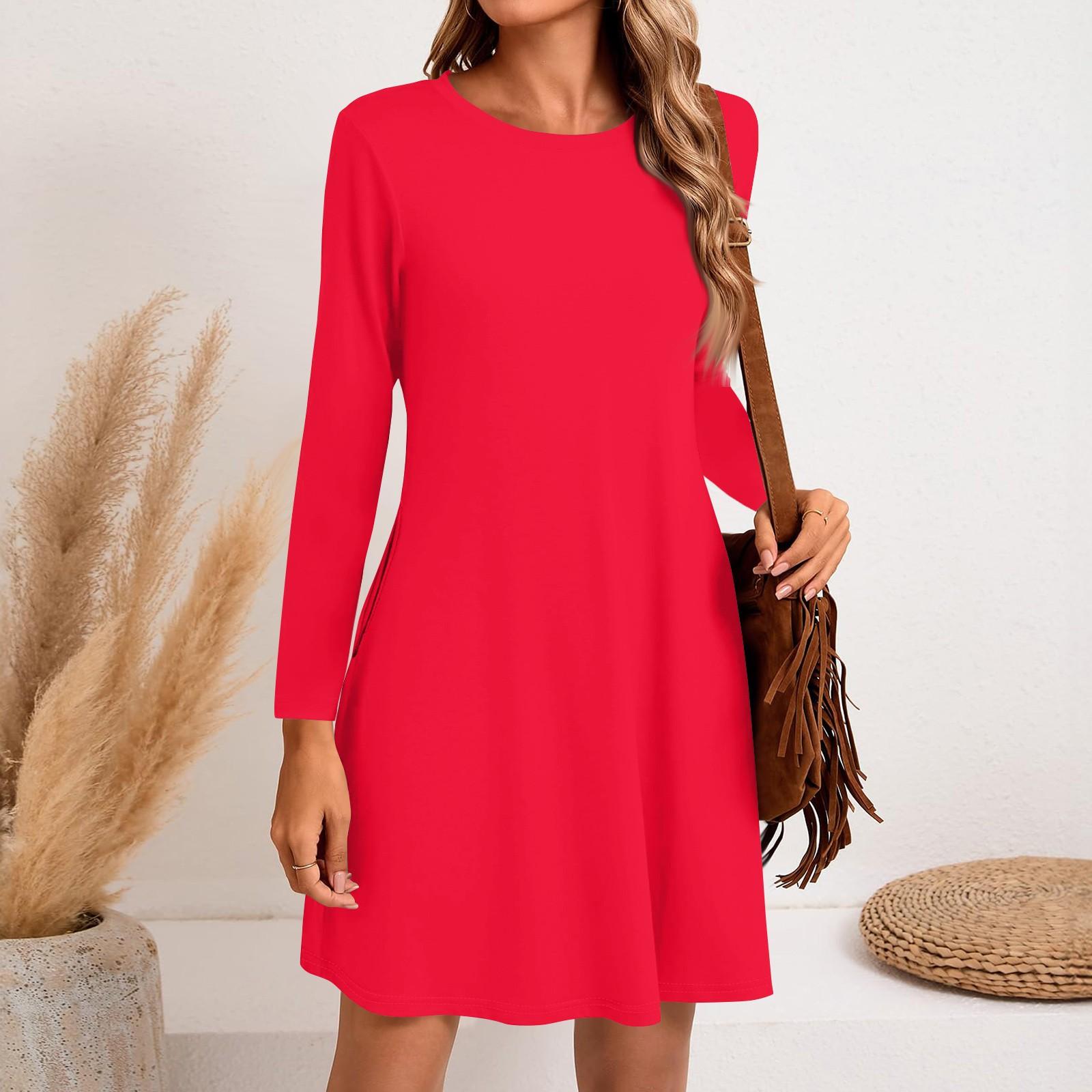 

Women s Fashion Casual Solid Color Round Neck Long Sleeve Short Side Pocket Dress S горячий розовый