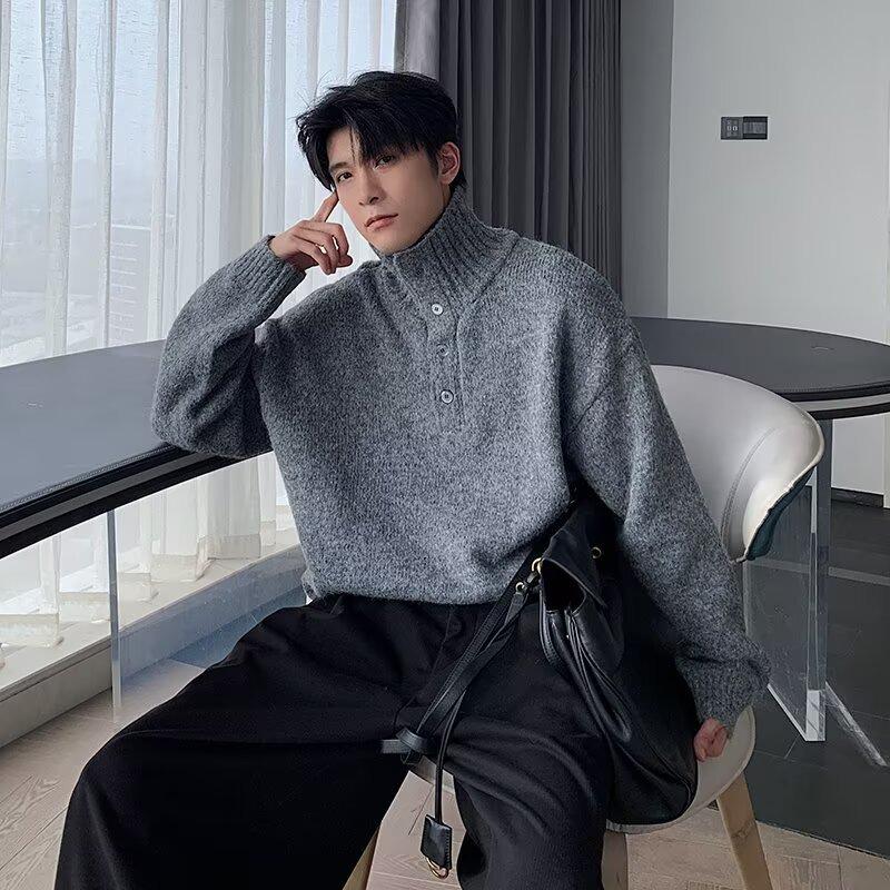 2025 Men's Korean Style High Neck Wool Sweater - Autumn/Winter Knitted Loose Fit
