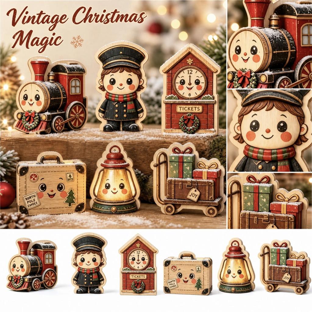 6 Pcs Retro Christmas Wooden Tabletop Decorations and Snowman Set, Holiday Desktop Ornament Decor