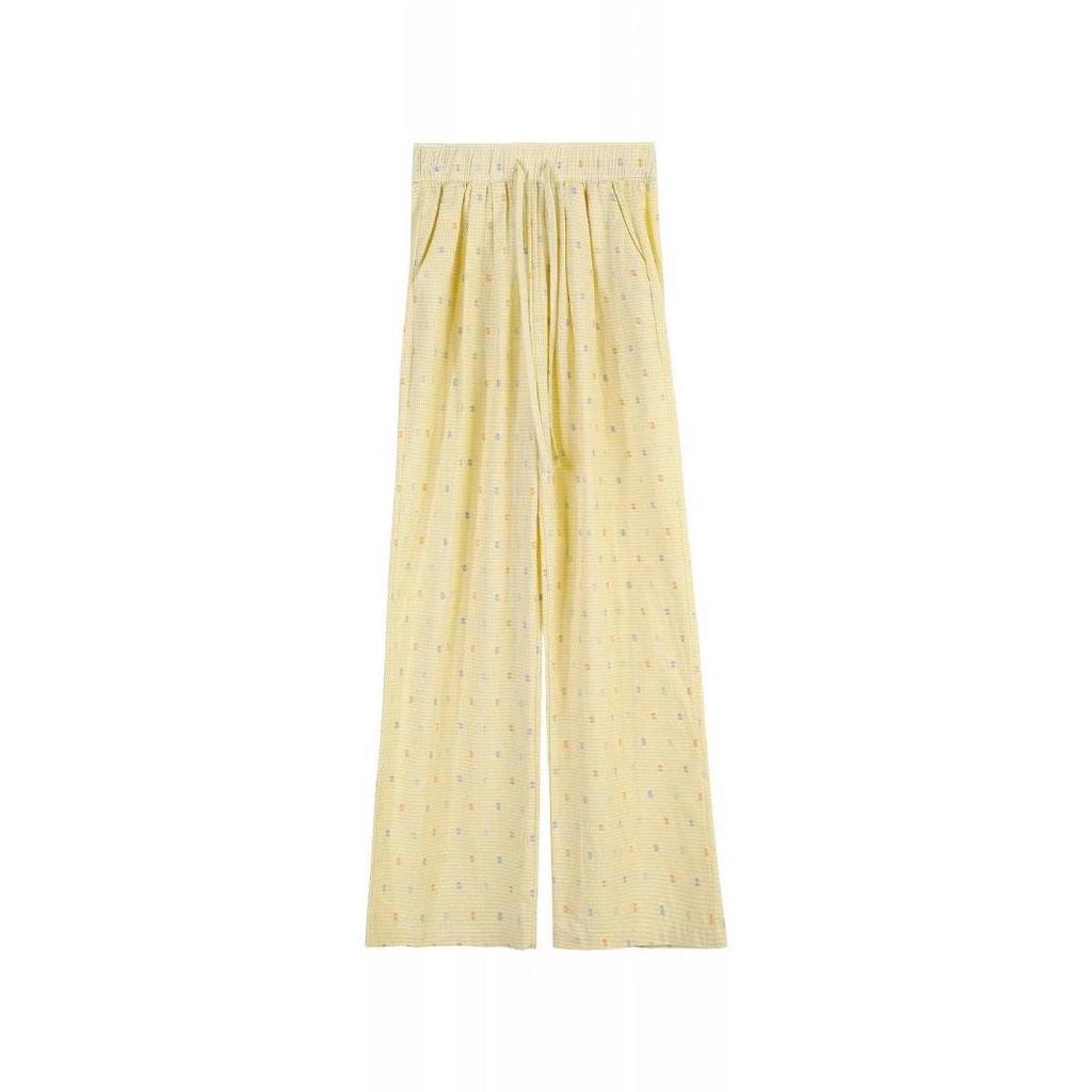 Women’s Summer High-Waist Dopamine Yellow Polka Dot Wide-Leg Pants | 145cm | Ice Silk | Petite Draping Style
