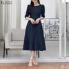 ZANZEA Women Casual Round Neck Solid Color 3/4 Sleeve Dress