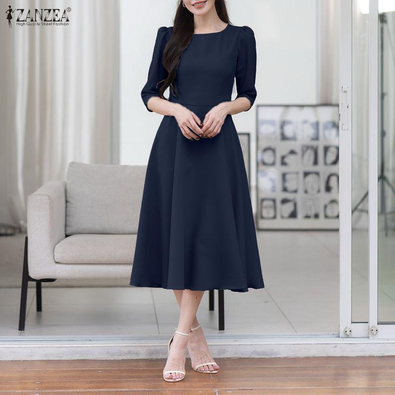 ZANZEA Women Casual Round Neck Solid Color 3/4 Sleeve Dress
