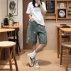 Women's High Waist Star Print Vintage Washed Denim Shorts Loose Wide Leg Culottes