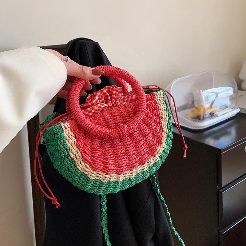 Small Hand-made Braided Bags Beach Summer Straw Bag Fashion Rattan Totes Lady Cute Watermelon Shoulder Bags Women Woven Handbags