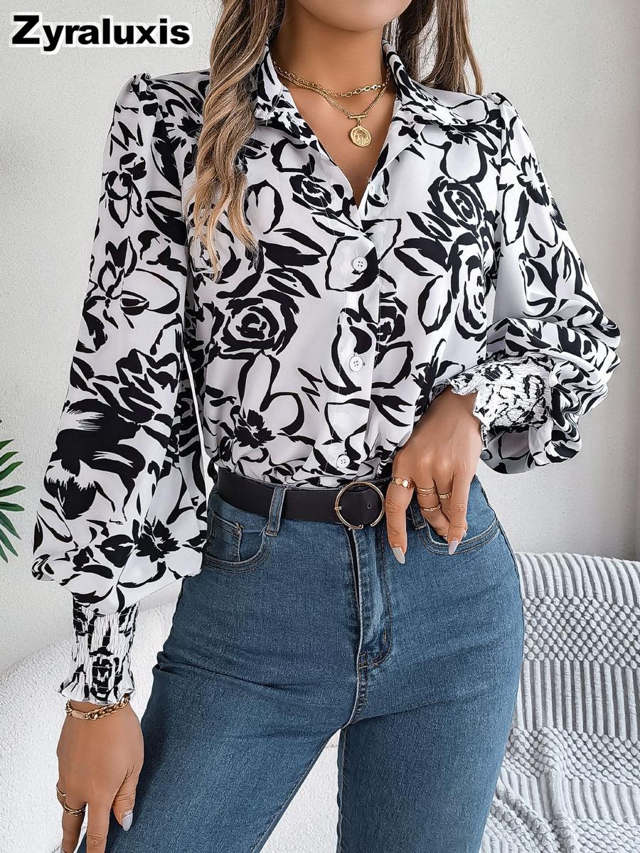 Spring Summer Elegant Color Block Floral Lantern Sleeve Stand Collar Shirt Women s Clothing S