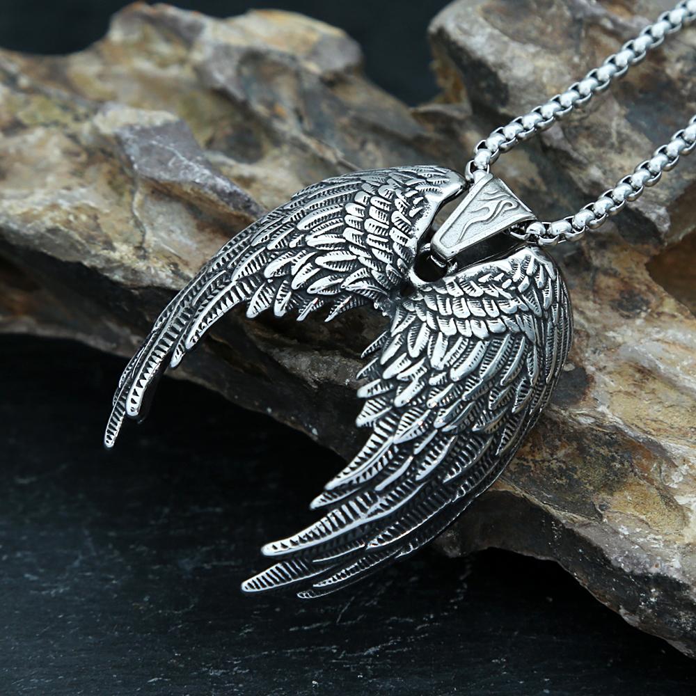 Fashion Stainless Steel Angel Wings Pendant Necklace For Men Punk Hip Hop Nightclub Party Vintage Necklace Jewelry