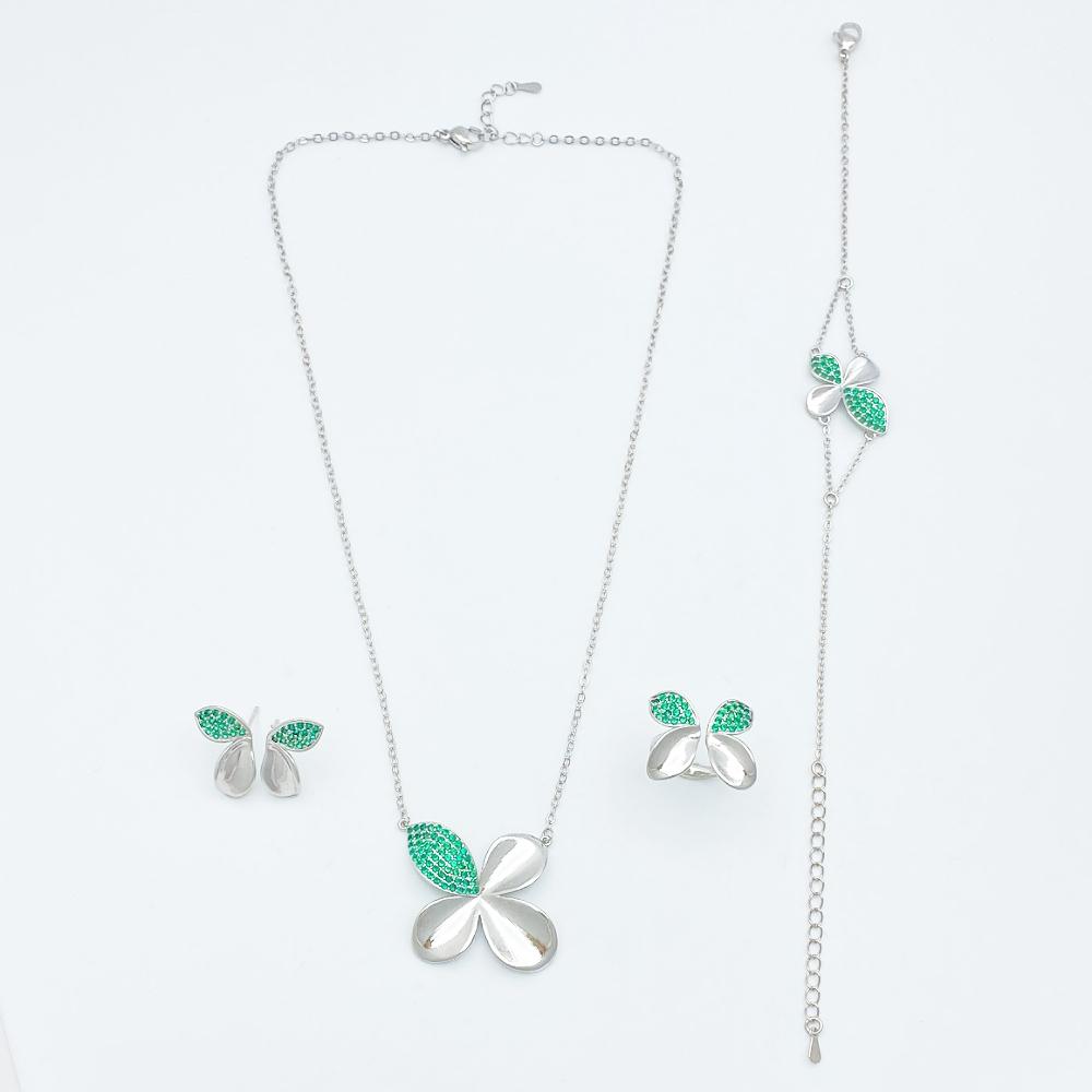 Flora Romantic Sparkling Four Leaf Clover Zircon Set Copper Women's Jewelry Anniversary Dating Earrings Necklace Ring Bracelet