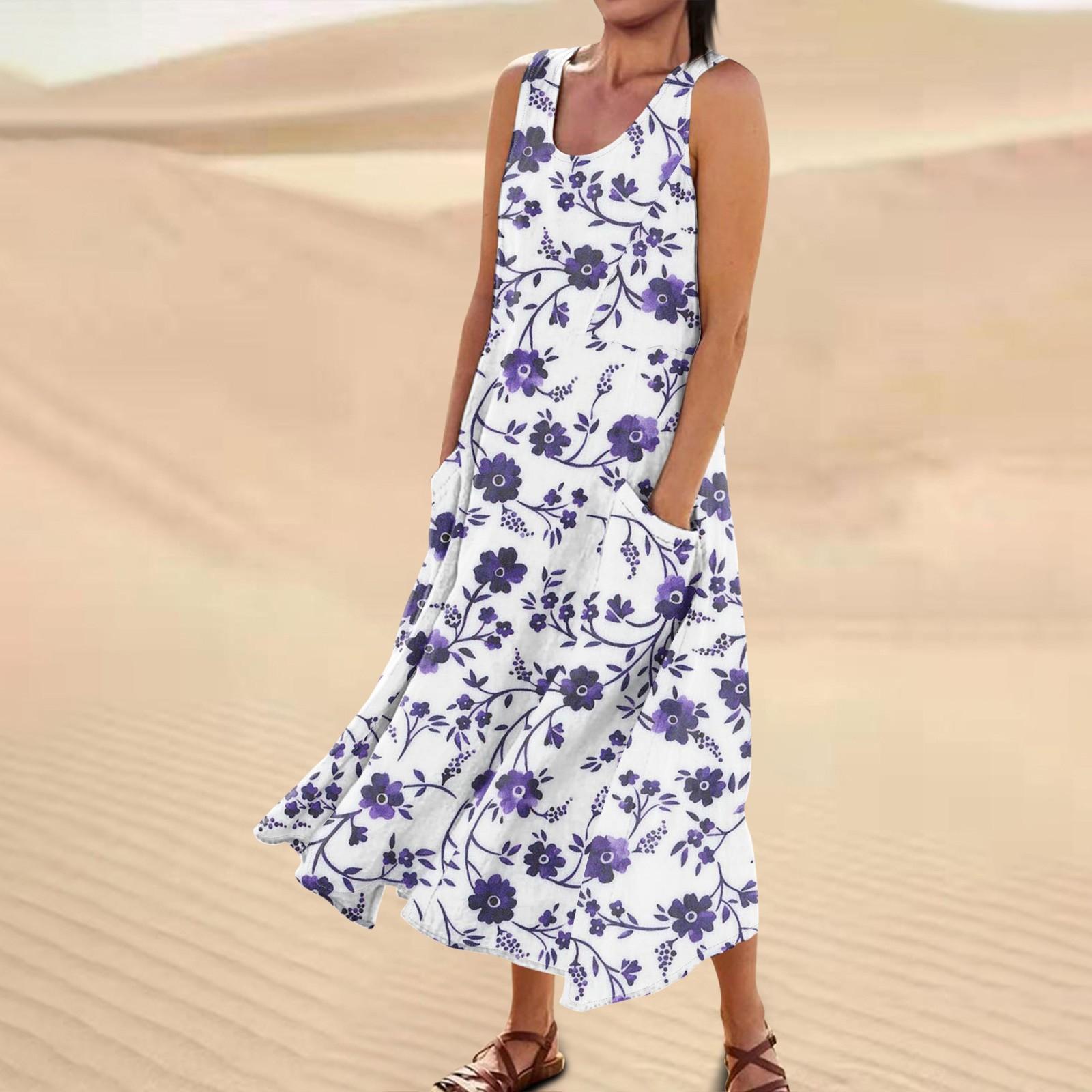 

Женское повседневное удобное хлопковое карманное платье без рукавов с цветочным принтом XXXXXL синий