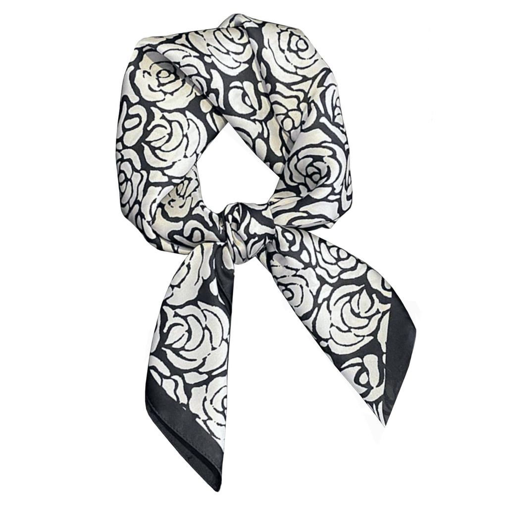 Women' Satin Scarf 70X70 - Black and White with Roses, Elegant and Feminine