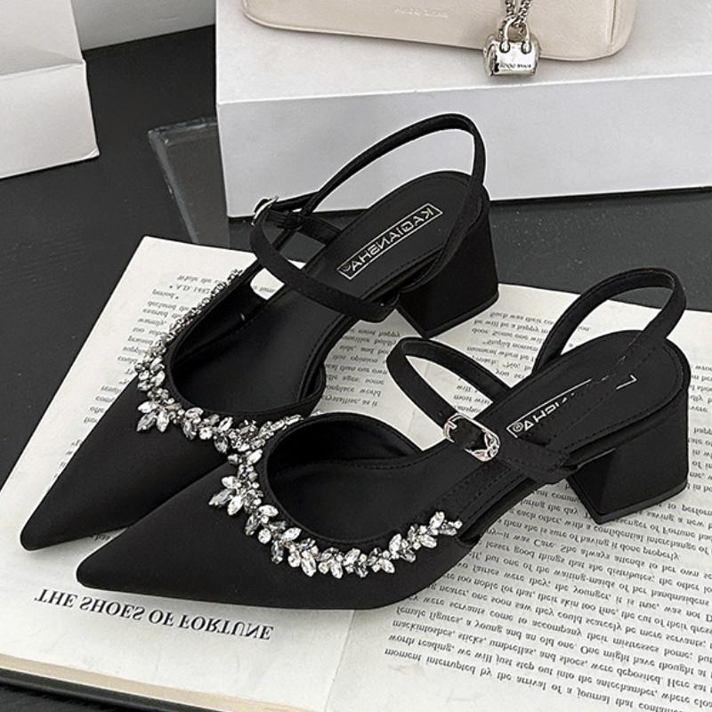 

Fashion High Quality Rhinestone Pointed Toe High Heel Sandals Women Buckle Back Strap Hoof Heel Designer Shoes Fashion Classy Dress Shoe 40