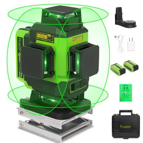 Huepar 4x360 Laser Level, Self-Leveling 16-Line 4D Green Laser Cross Line, Tile Floor Laser Tool - 2 x 360 Horizontal Laser Lines & 2 x 360 Vertical L