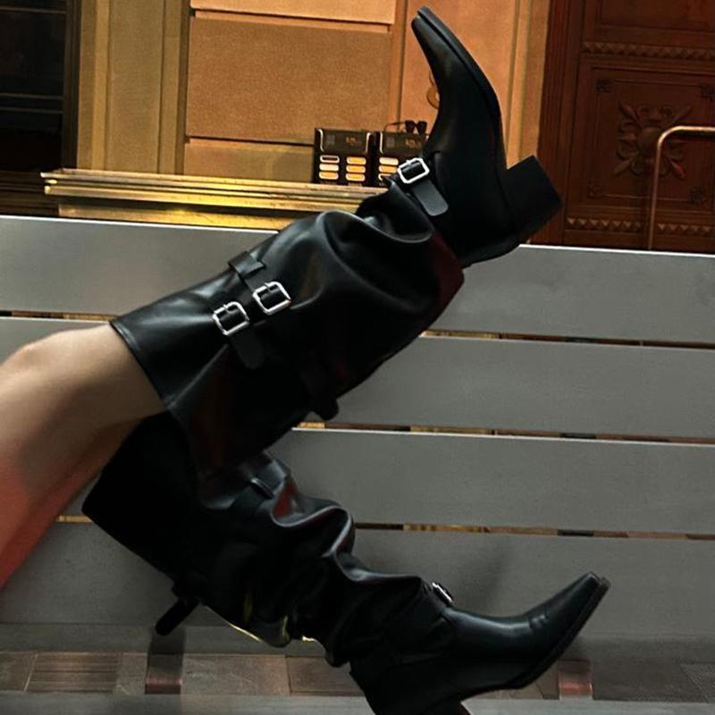Autumn Vintage Thick Heel Women Knight Boots Fashion Belt Buckle Shoes Ladies Elegant Pointed Toe Mordern Knee High Booties