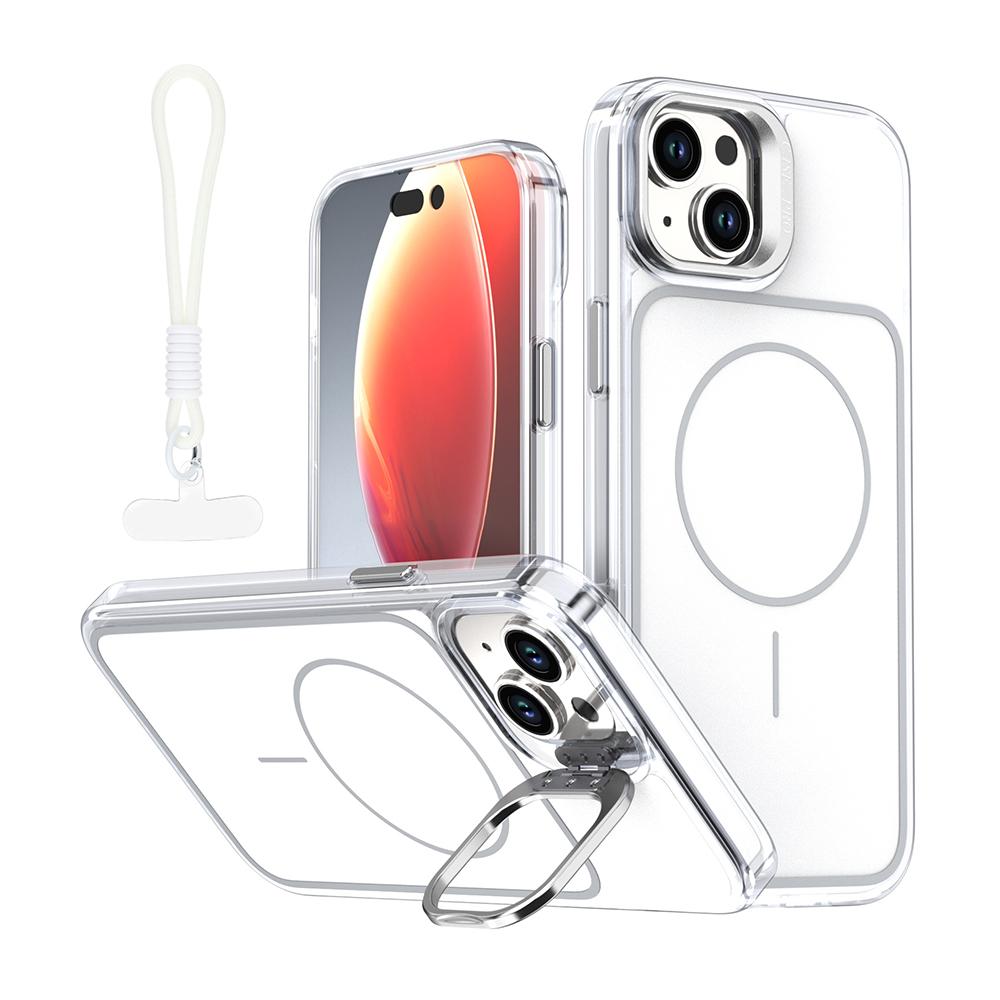 For iPhone 15 Case Compatible with MagSafe Lens Kickstand TPU Acrylic Phone Cover with Matching Hand Strap