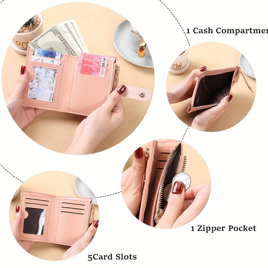 1PC Women Fashion Short Wallet with Multiple Zippers and Buttons Large Capacity for Coins and Change Foldable Mini Purse