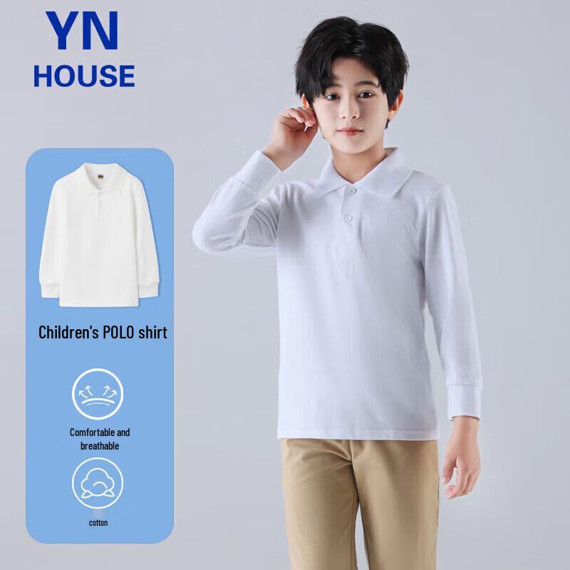 Yinuofang Unisex Kids  Long Sleeve White Cotton Polo Shirt 120