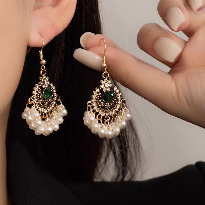 Beaded Tassel Drop Earrings Handmade Ethnic Style Imitation Pearl Hook Piercing Jewelry for Bridesmaid Wedding Wear