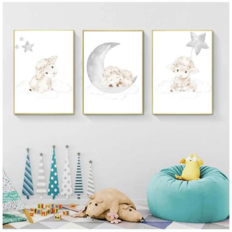 Pittura nordica Kid Decorazione camera da letto per bambini Cartoon Baby Animal Picture Sheep Nursery Poster e stampa Wall Art Canvas