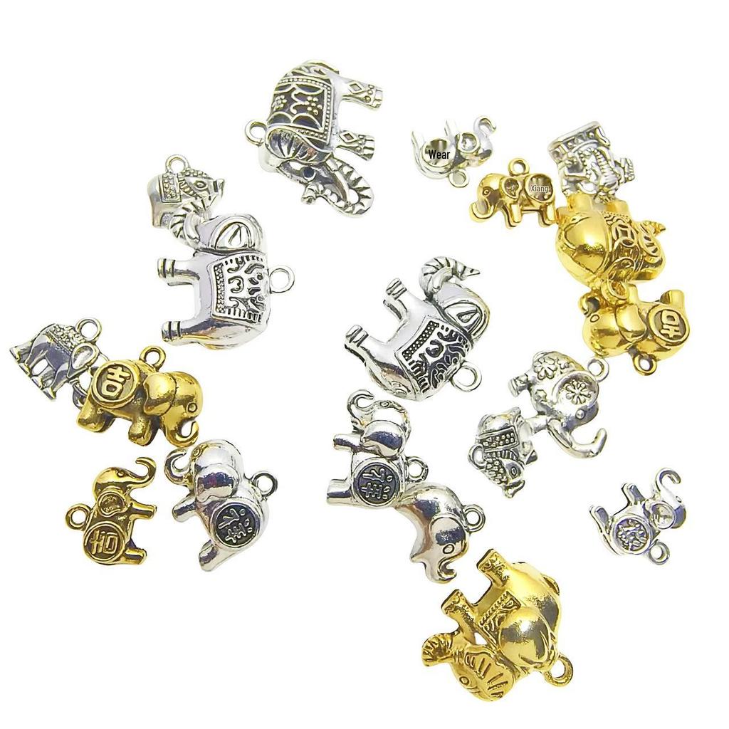 Tibetan Silver Ethnic Bracelet with Thai Elephant Pendant and Vintage Alloy Charms