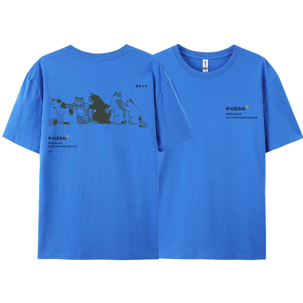 Men's fun Japanese Harajuku cat printed T-shirt, loose long-sleeved casual wear, soft 100% cotton hip-hop T-shirt