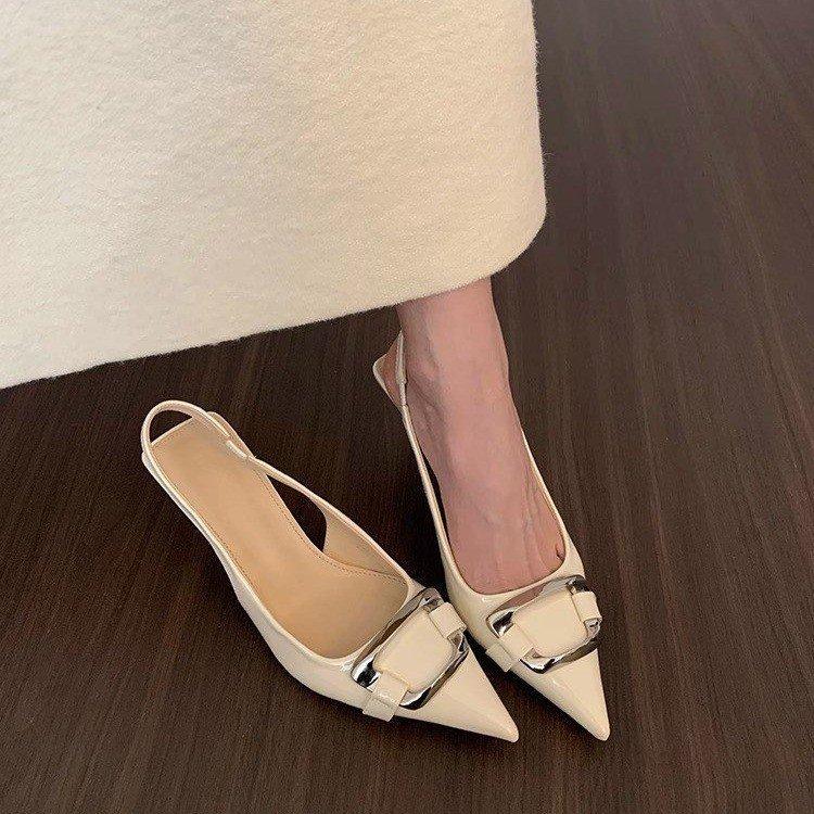 

Beautiful new fashion show thick heel pointed metal buckle comfortable versatile shallow mouth women s high heels 35 чорний