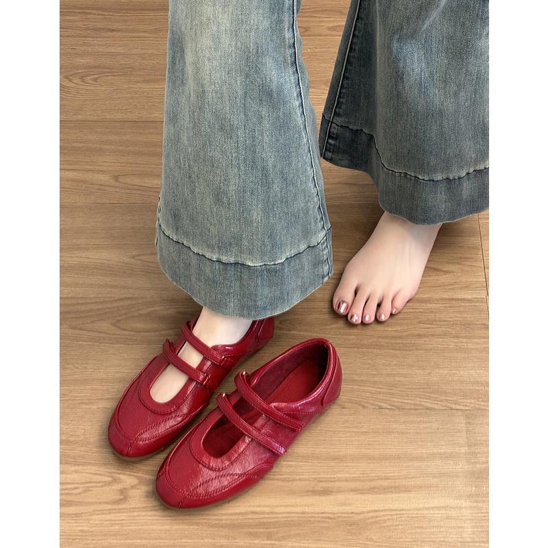 Cowhide flat-bottomed silver Mary Jane shoes women's genuine leather retro Velcro ballet single shoes casual sports training shoes