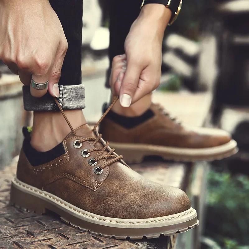 2024 Fashion British Men Shoe Autumn Work Wear Casual Short Boots Round Toe Leather Shoes for Men Plus Size 46 Zapatos De Hombre