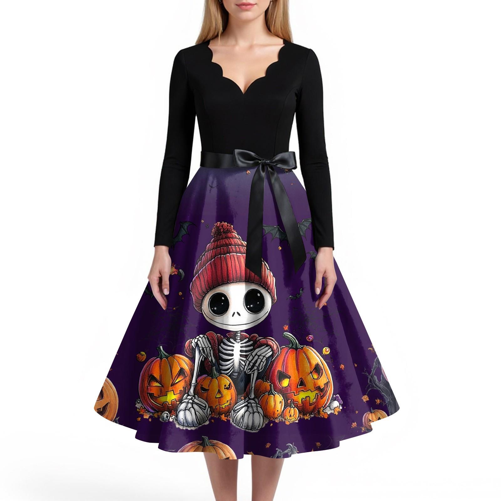 

Женское повседневное и модное платье с V-образным вырезом и длинными рукавами с принтом на Хэллоуин XL жёлтый