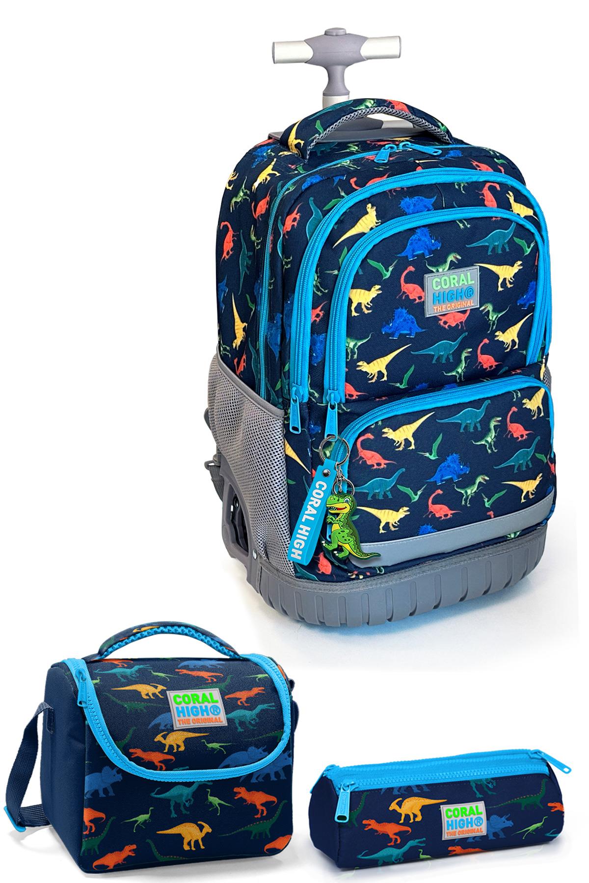 

Coral High Kids Navy Blue Dinosaur Patterned Trolley 3-Piece Bag Set SET0124024