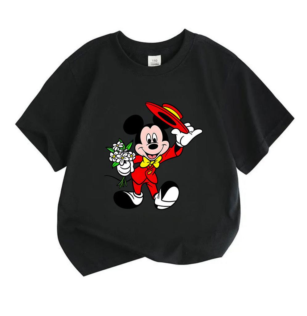 Kids Boys Girls 100% Cotton Crew Neck Short Sleeve T-Shirt, Cartoon Cute Mouse Holding Flowers Taking Hat Off Graphic Casual Soft Breathable Tee for D