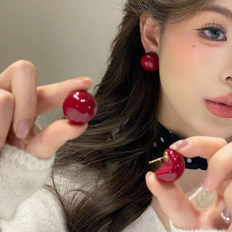 Premium Sense Simple Red Bead Stud Earrings Female Versatile New Year's Model Car Red Open Smile Bead Earrings Wholesale
