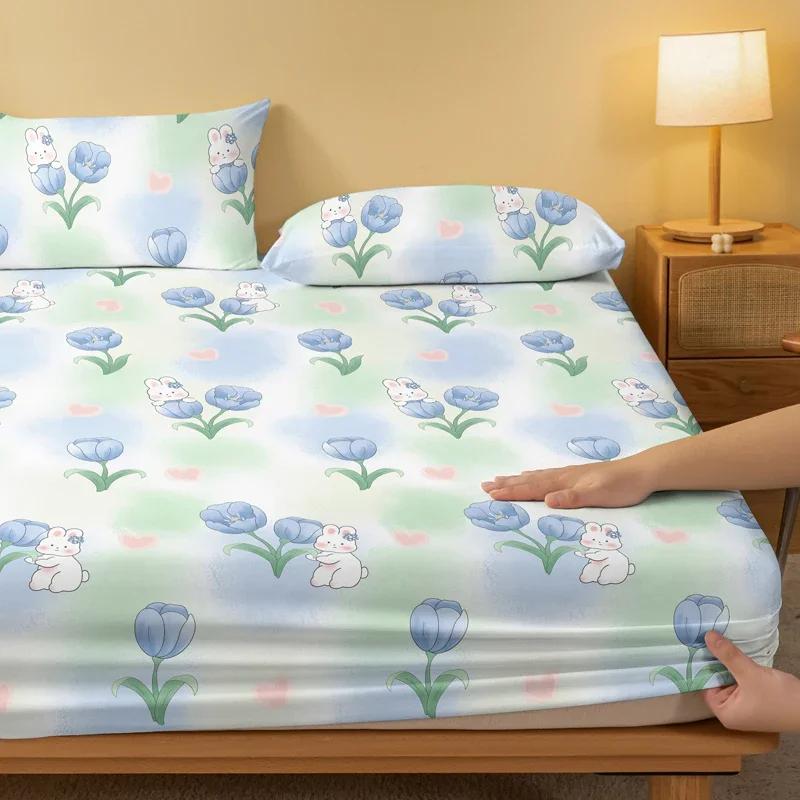 1 Cartoon Cute Plant Flower Rabbit Printed Matte Fitted Sheet, Bedroom Printed Bed Cover, Bedding (Excluding Pillowcases)