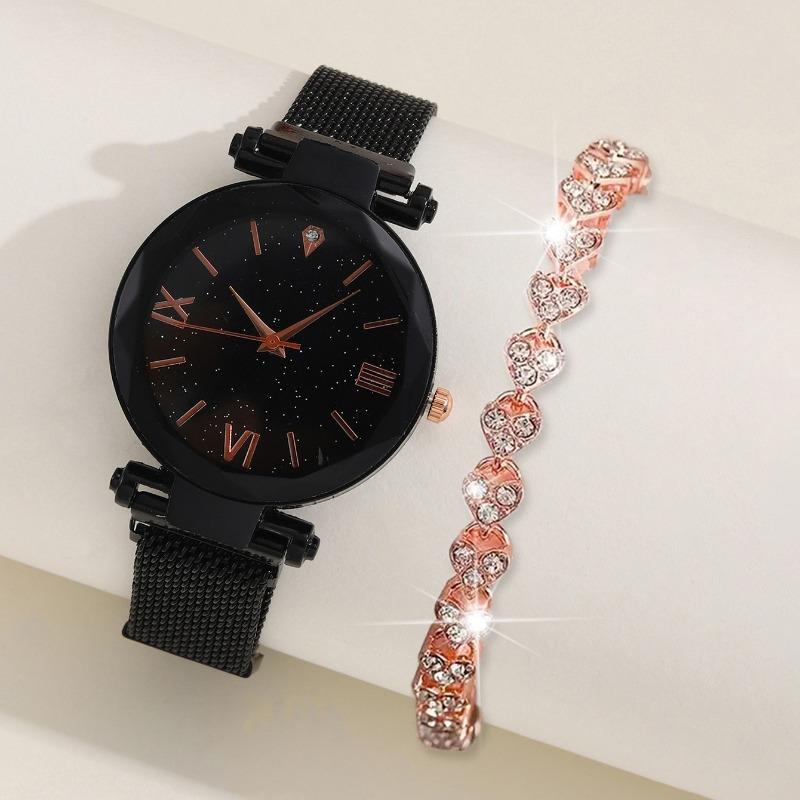 2pcs/set Women's Elegant Watch Fashion Casual Stainless Steel Mesh Band Wrist Watch & Bracelet, Best Gift for Her