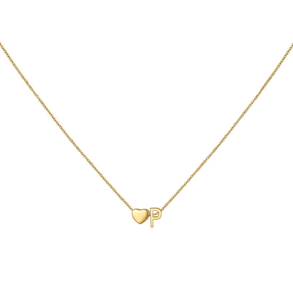 14K Gold Plated Stainless Steel A-Z Heart Initial Necklace Gold Silver Personalized Clavicle Gift for Women Unisex