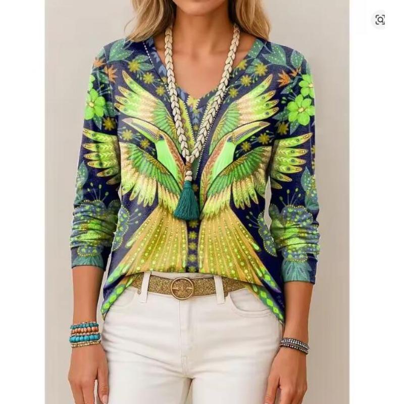 Women's T-Shirt 3D Print Ethnic Graphic Feather Elegant Fashion Tees Long Sleeve T-shirts V-Neck Regular Tops Pullover Fall Winter