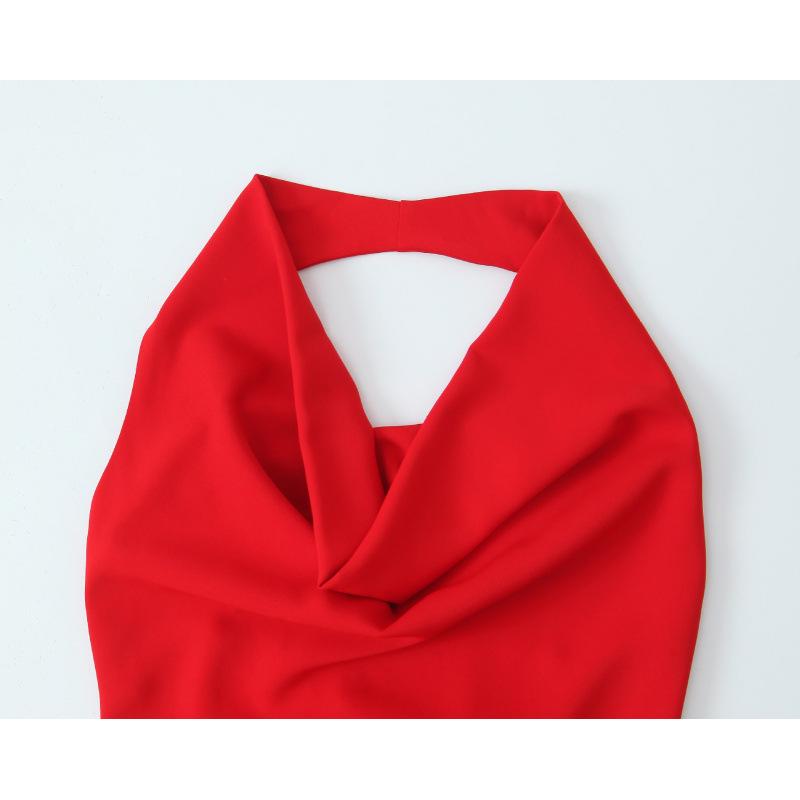 European and American Style Red Halter Neck Midi Dress for Women - Autumn Collection