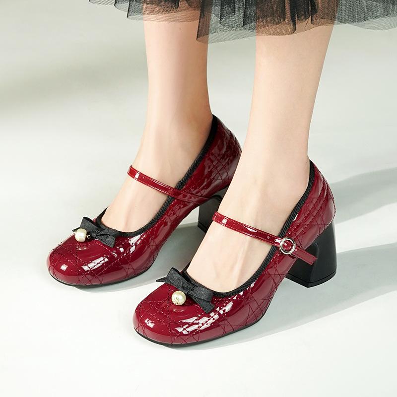 Red high heel light mouth single shoes women's summer bow princess high heels women's thick heel Mary Jane shoes women's spring