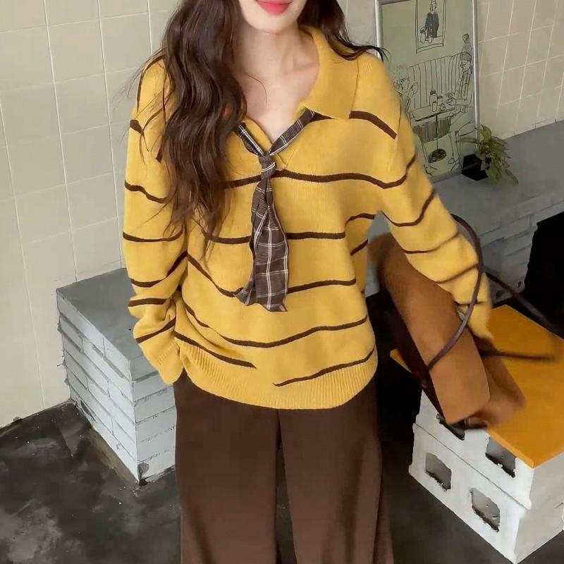 Womens Yellow Striped Polo Neck Sweater Loose Fit Long Sleeve Knit Top Fall Winter